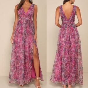Lulus Garden Romance Magenta Floral Print Organza Maxi Dress V Neck Sz L NWT